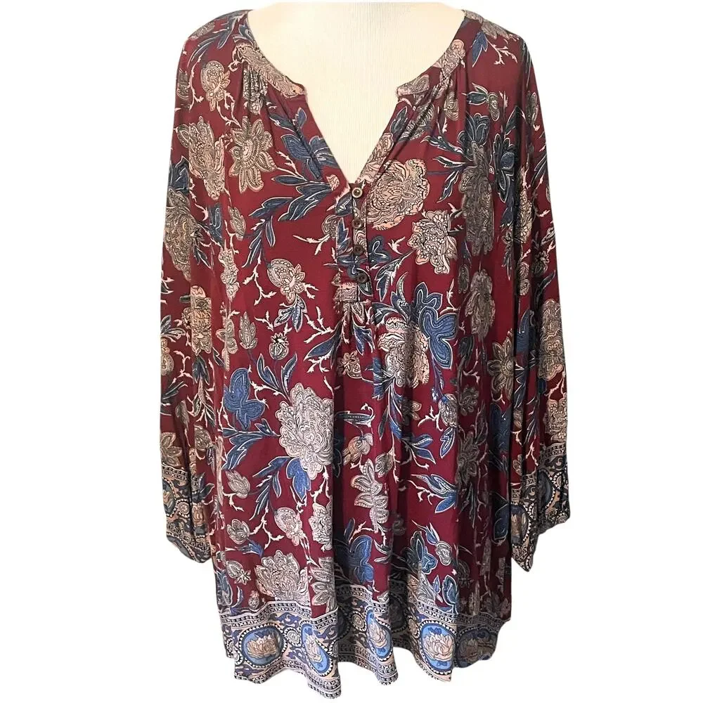 Lucky Brand Floral Henley Top Womens Size 2X Burgundy Blue Border Knit Peasant
